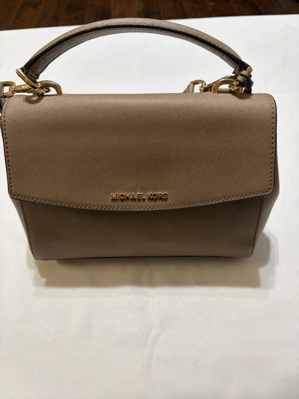 Michael Kors Taupe Saffiano Leather Satchel with Gold Hardware